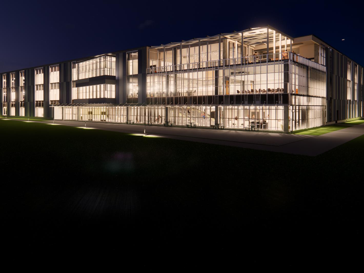 An illustration of a large, lighted building