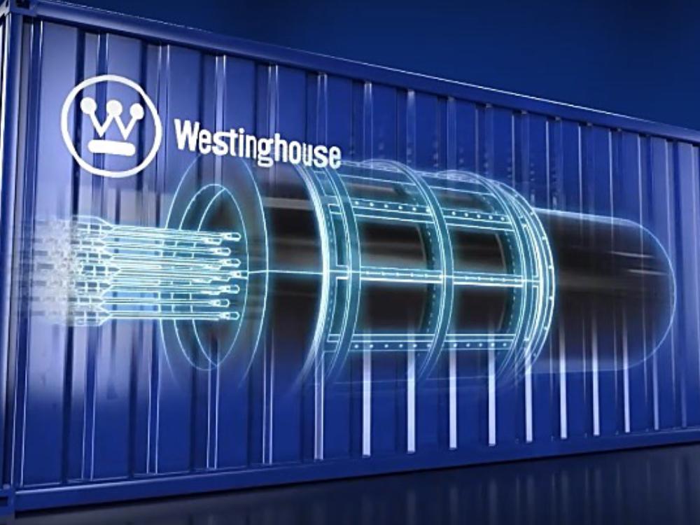 An illustration of a truck cargo container with the micro-reactor etched onto the side, along with the Westinghouse logo. 