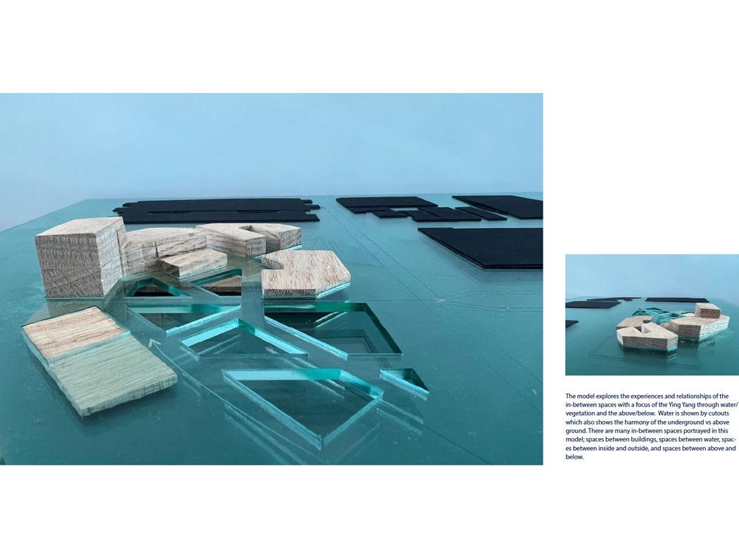 An architectural model showing the relationship between vegetation and water in a design for a cultural center.