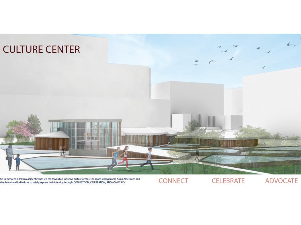 An architectural rendering of the outside of a cultural center building.