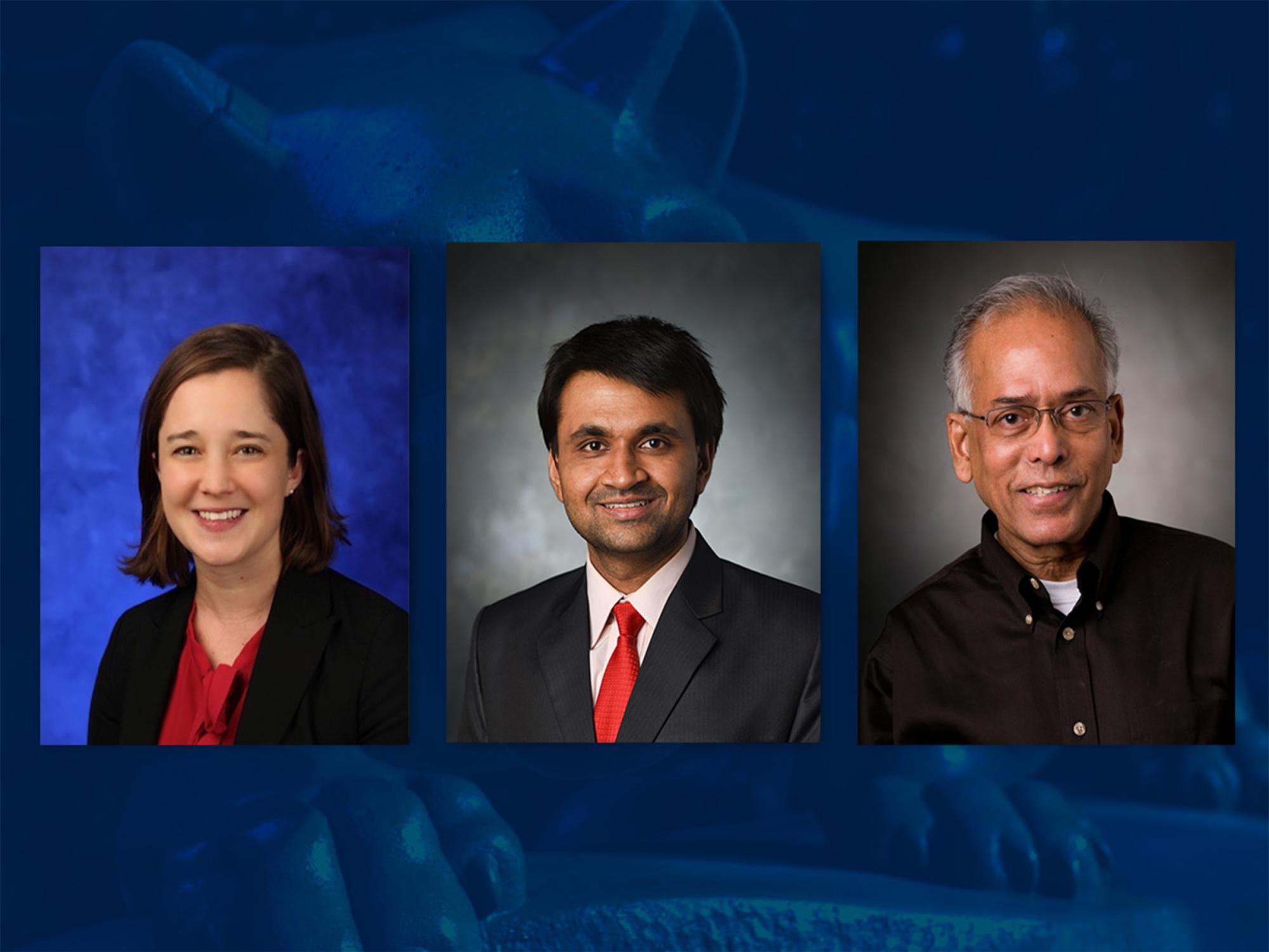 Three headshots are compiled onto a blue background 