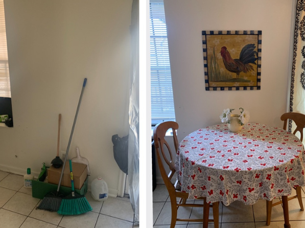 A before and after side by side, showing a mostly empty kitchen area with cleaning supplies on the left and the same space with a new table, chairs, and wall art on the right.