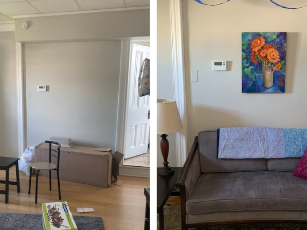 A before and after side-by-side showing a mostly empty living room space on the left and the same space with a couch, throw, lamp, and wall art on the right.