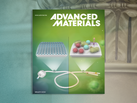 A green journal cover with the text "Advanced Materials" depicts a clean surface and a surface covered in a rendering of bacteria