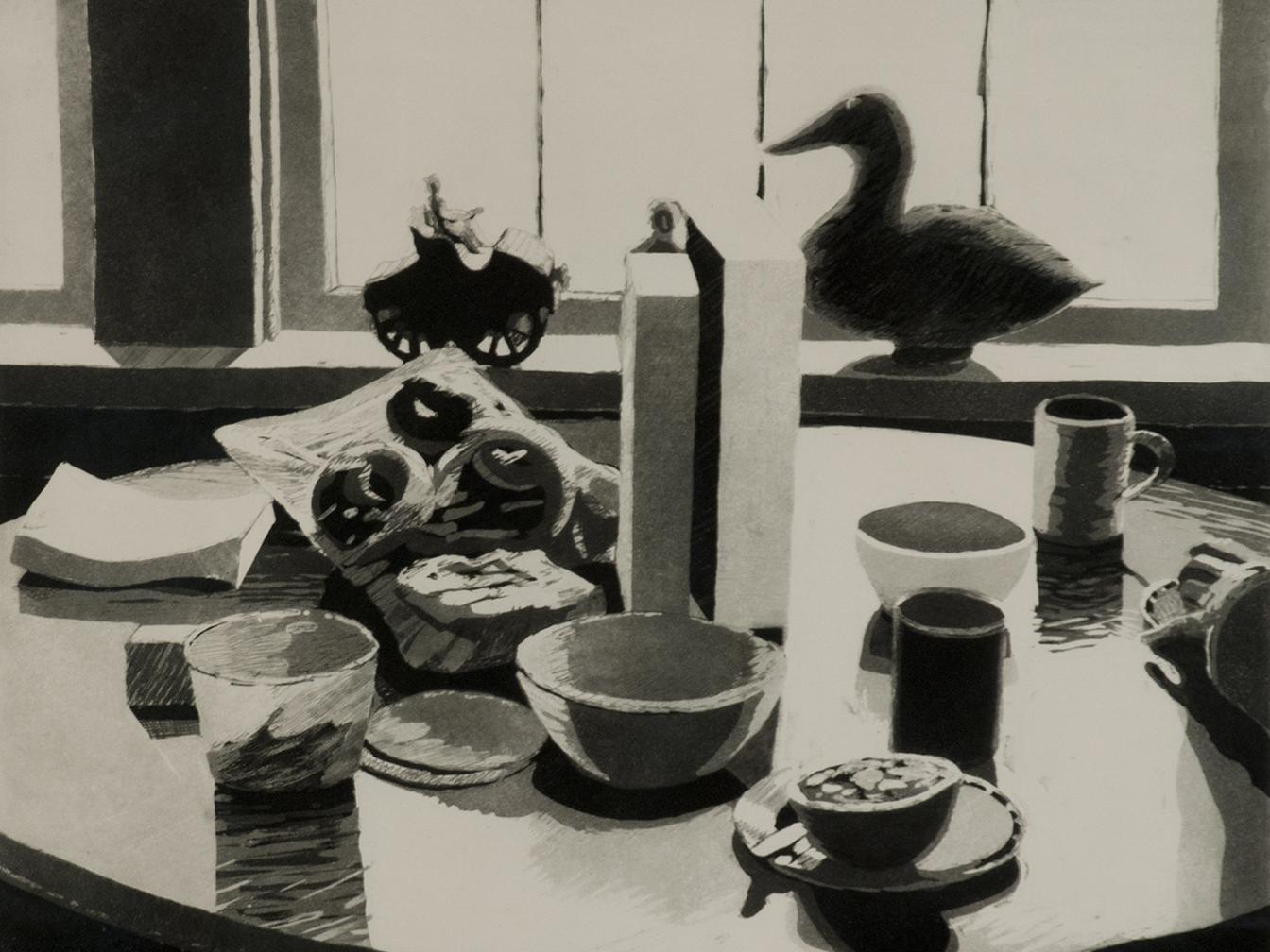 Drypoint still life of a table