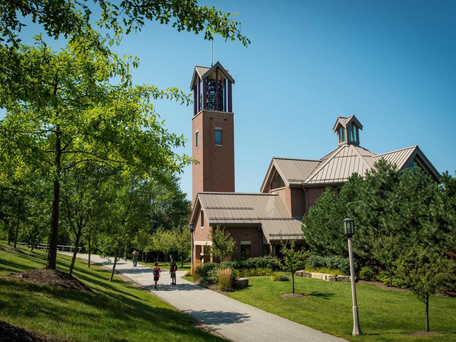 An exterior photo of the Smith Chapel and Carillon at Penn State Behrend