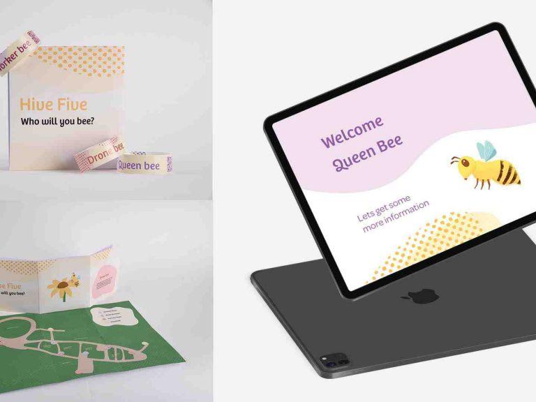 Concept art for an interactive educational experience featuring bracelets, a map, and an iPad tablet