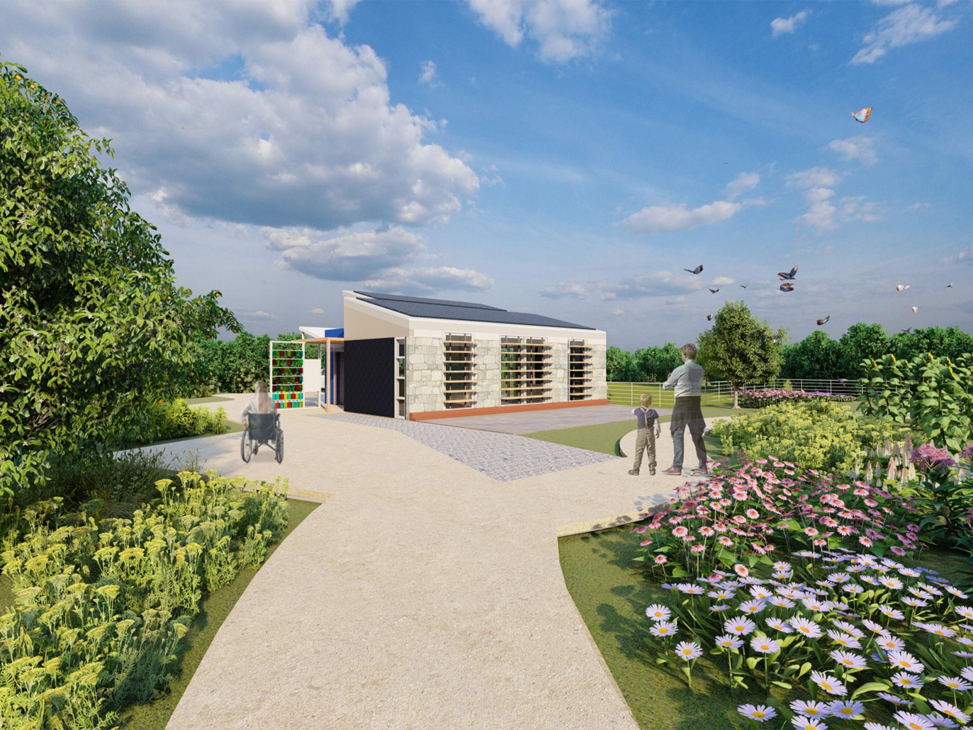 A computer rendering of a light-colored building with horizontal slits. The foreground is a wide path leading to the building, surrounded by greenery and blue sky. 