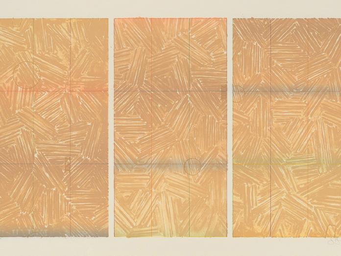 Triptych of a mauve-colored art work with various geometric shapes and lines. 
