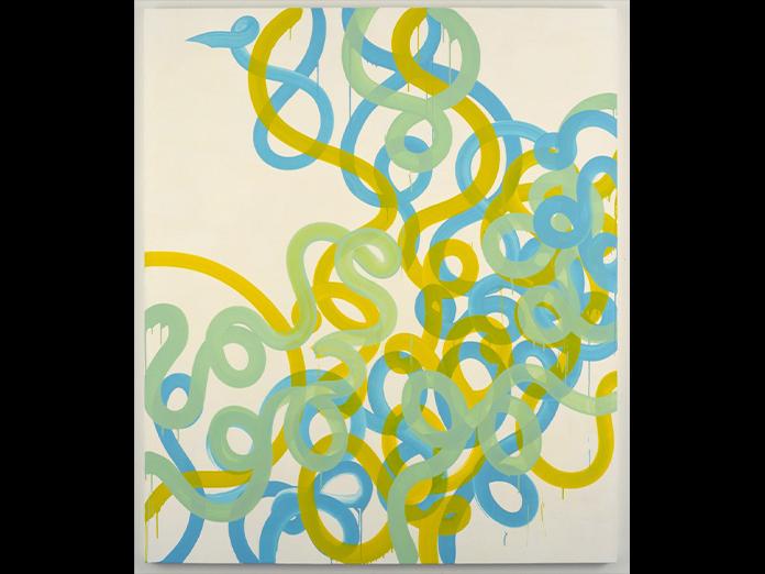 Abstract art work with green, orange and blue lines in a random pattern.