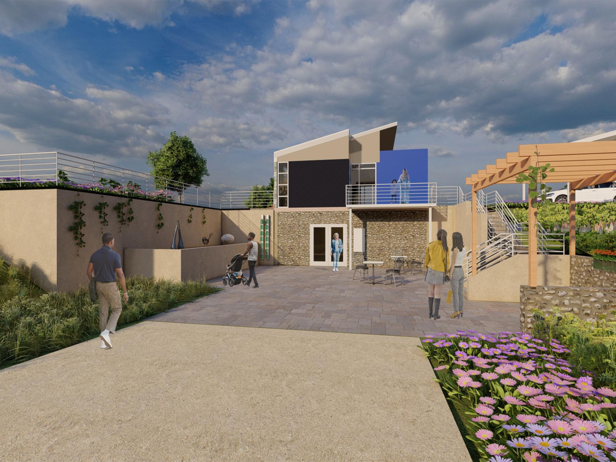 A computer rendering of a light colored building with a wide path leading to it. A pergola is to the right, and railings are visible on the roof.  