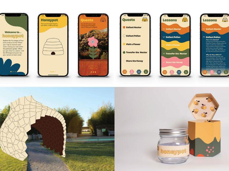 Concept art for an augmented reality educational experience showing a beehive imposed on a walking path