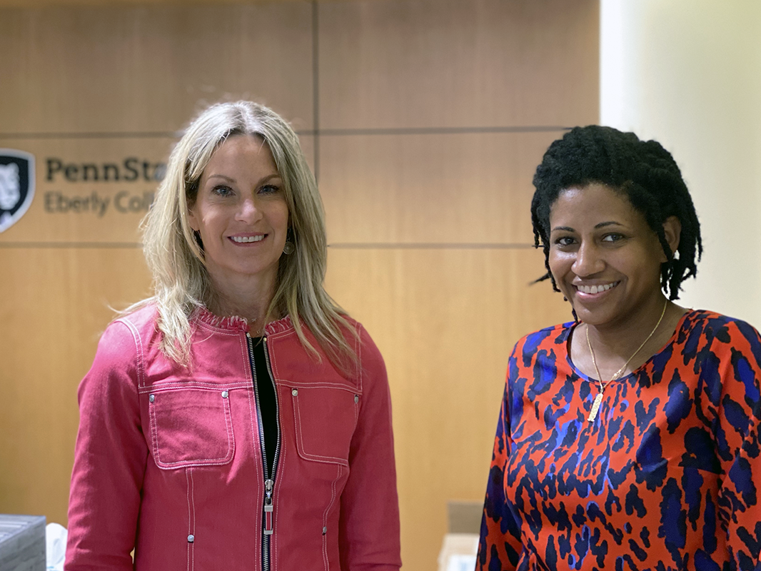 Associate Deans Kim Neely and Kristin Finch in the lobby of Ritenour Building, home to Eberly’s Office for Undergraduate Students and Office of Diversity and Inclusion, Penn State University Park.