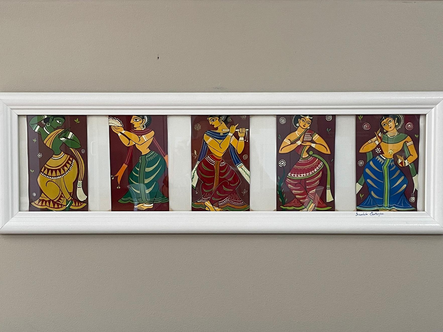 Pen and acrylic artwork of female worshipers