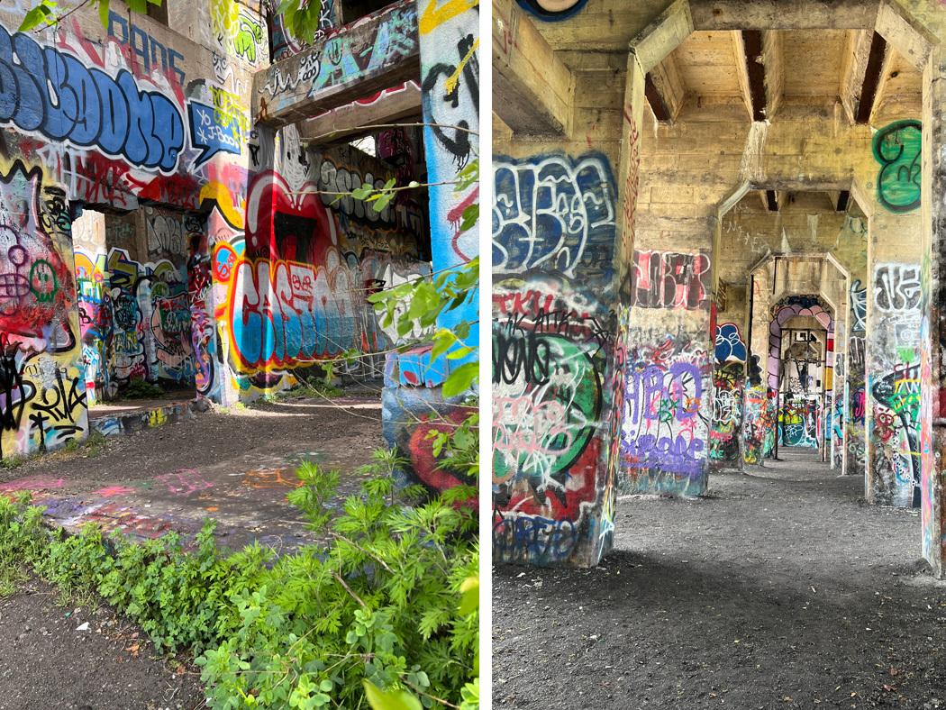 A split screen image showing two different views of graffitti on a bridge underpass in Graffiti Park, Philadelphia.