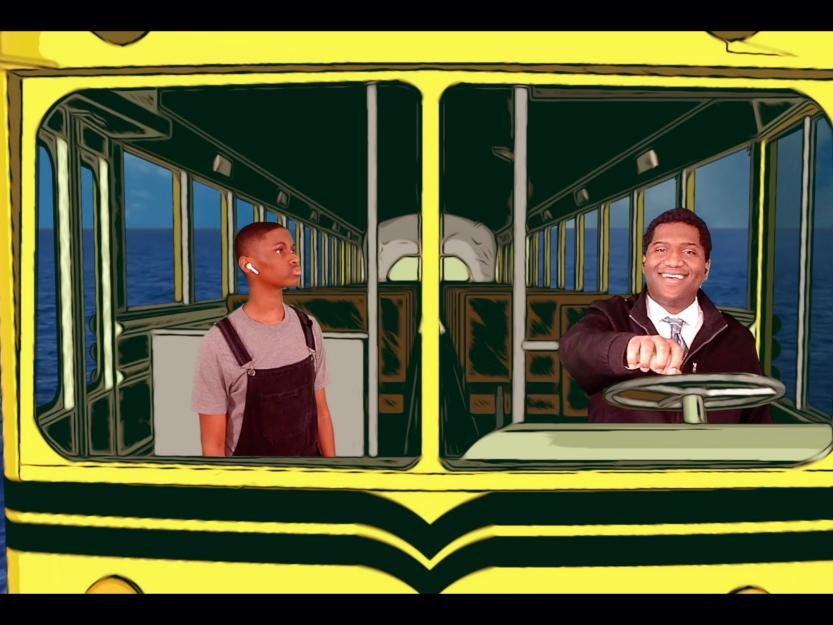 In a simulated video screen, a boy boards a virtual school bus and is greeted by a driver who resembles President Barack Obama.