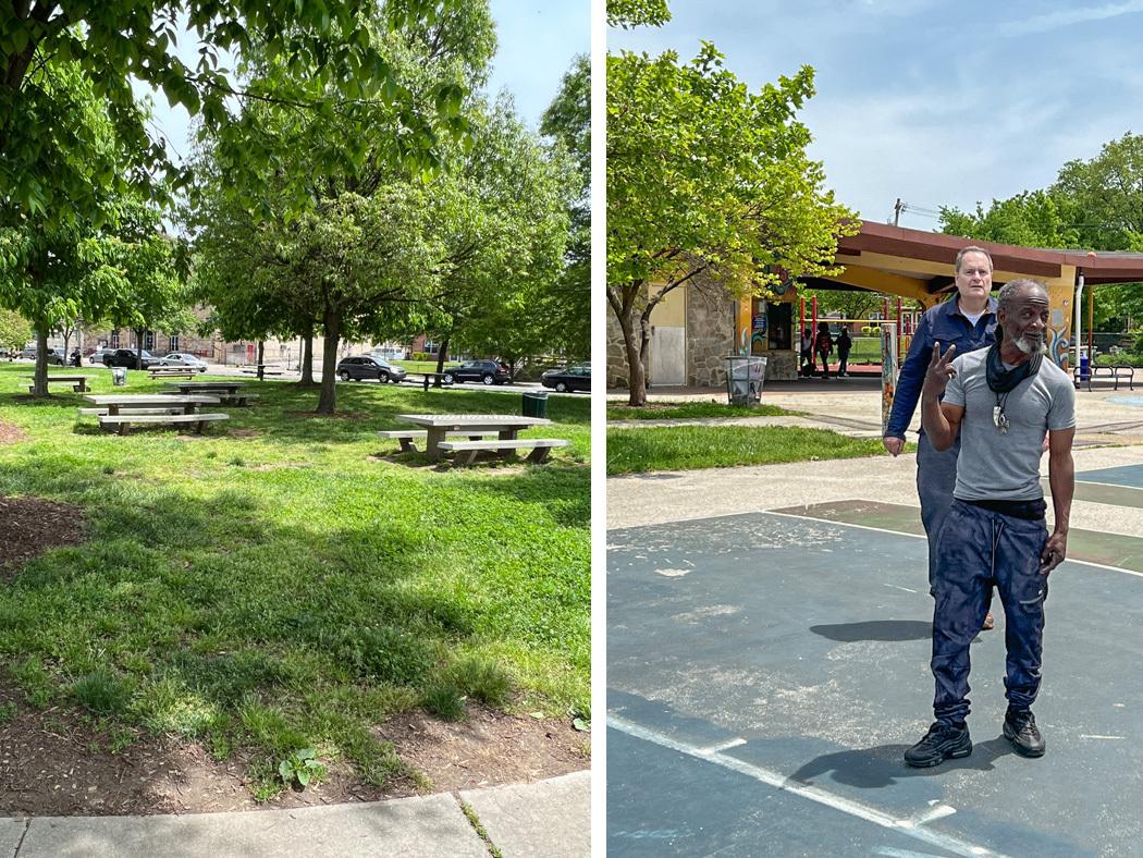 A split screen image of two different views of Mander Park in Philadelphia.