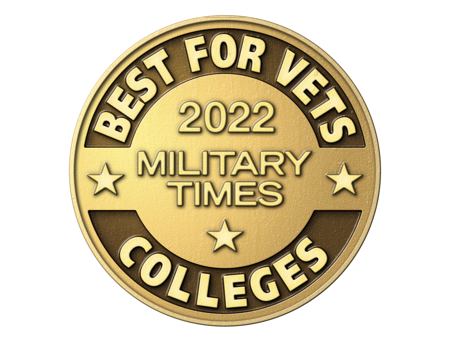 Gold coin with text: "2022 Best for Vets, Military Times, Colleges."