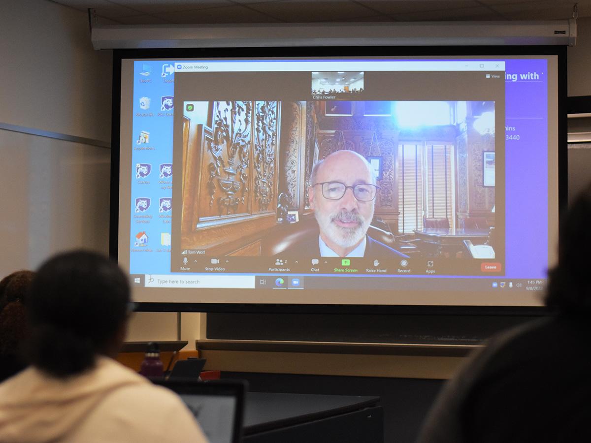 Gov. Tom Wolf appearing on a screen via Zoom