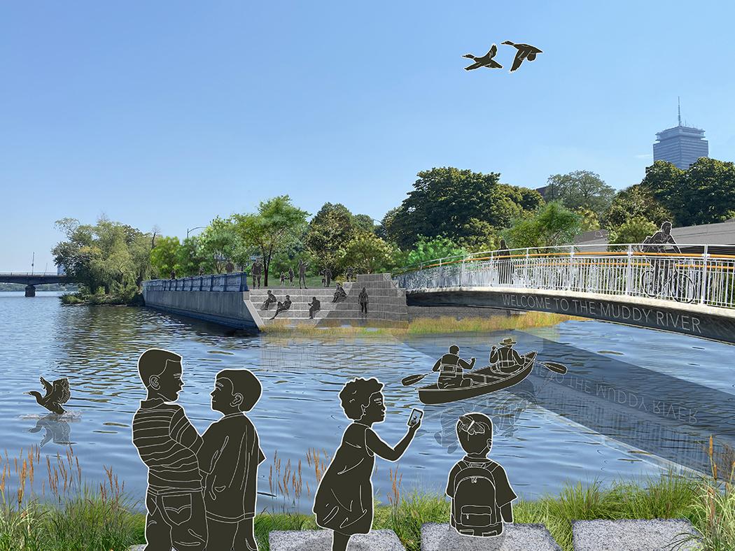 An architectural rendering of a bridge with the silhouettes of children playing in the foreground.