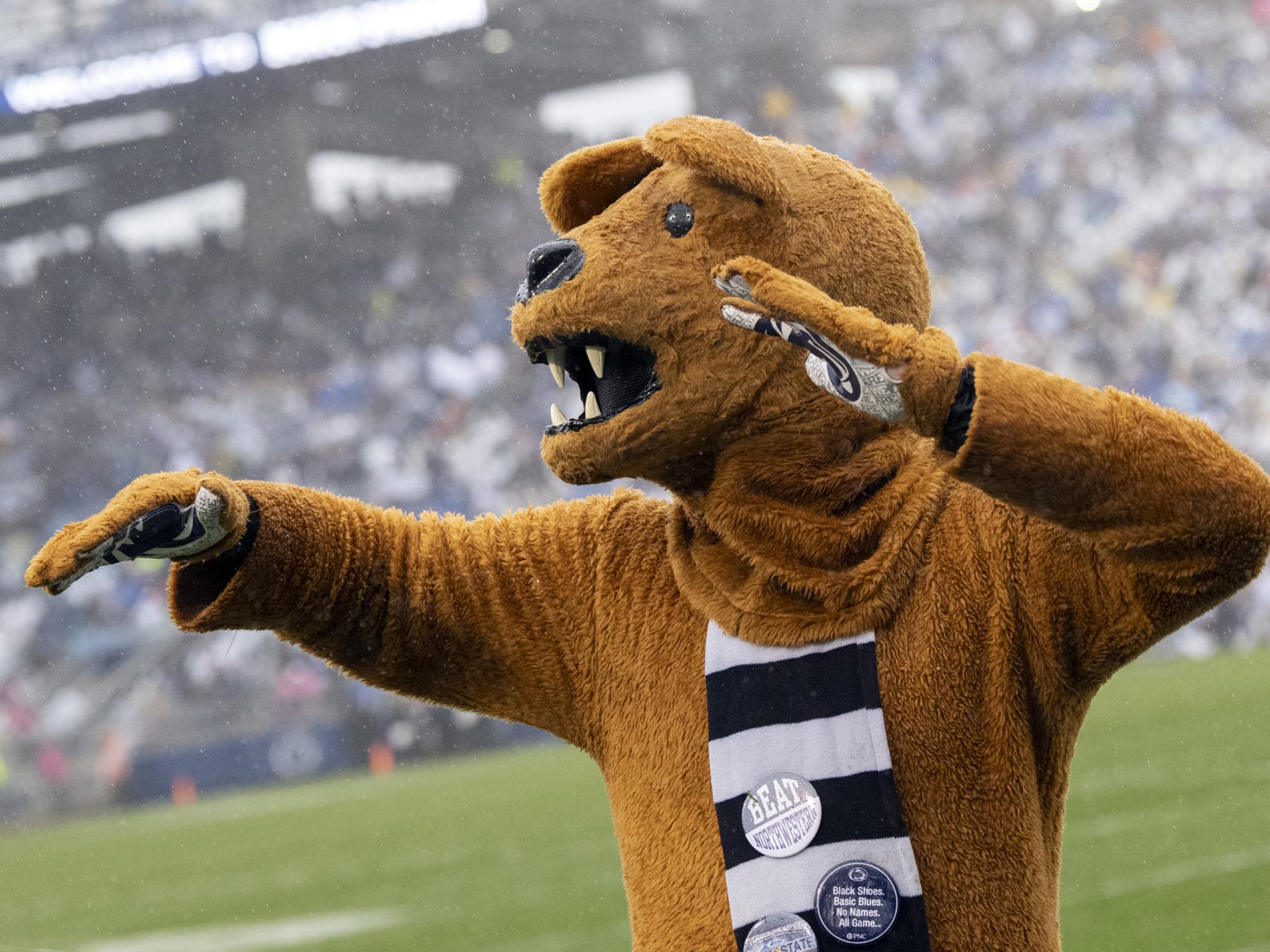 Nittany Lion mascot in the rain