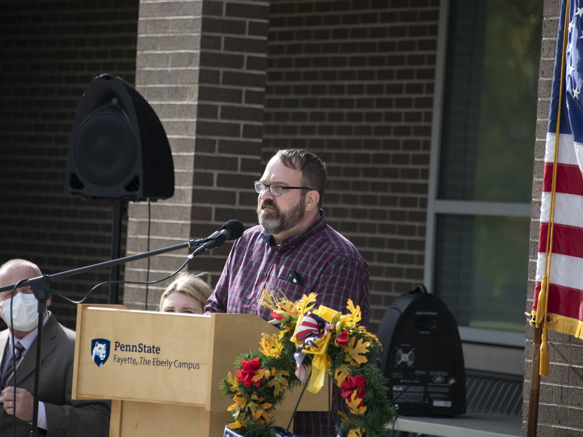 Jay Precht speaks at Veterans Day Memorial