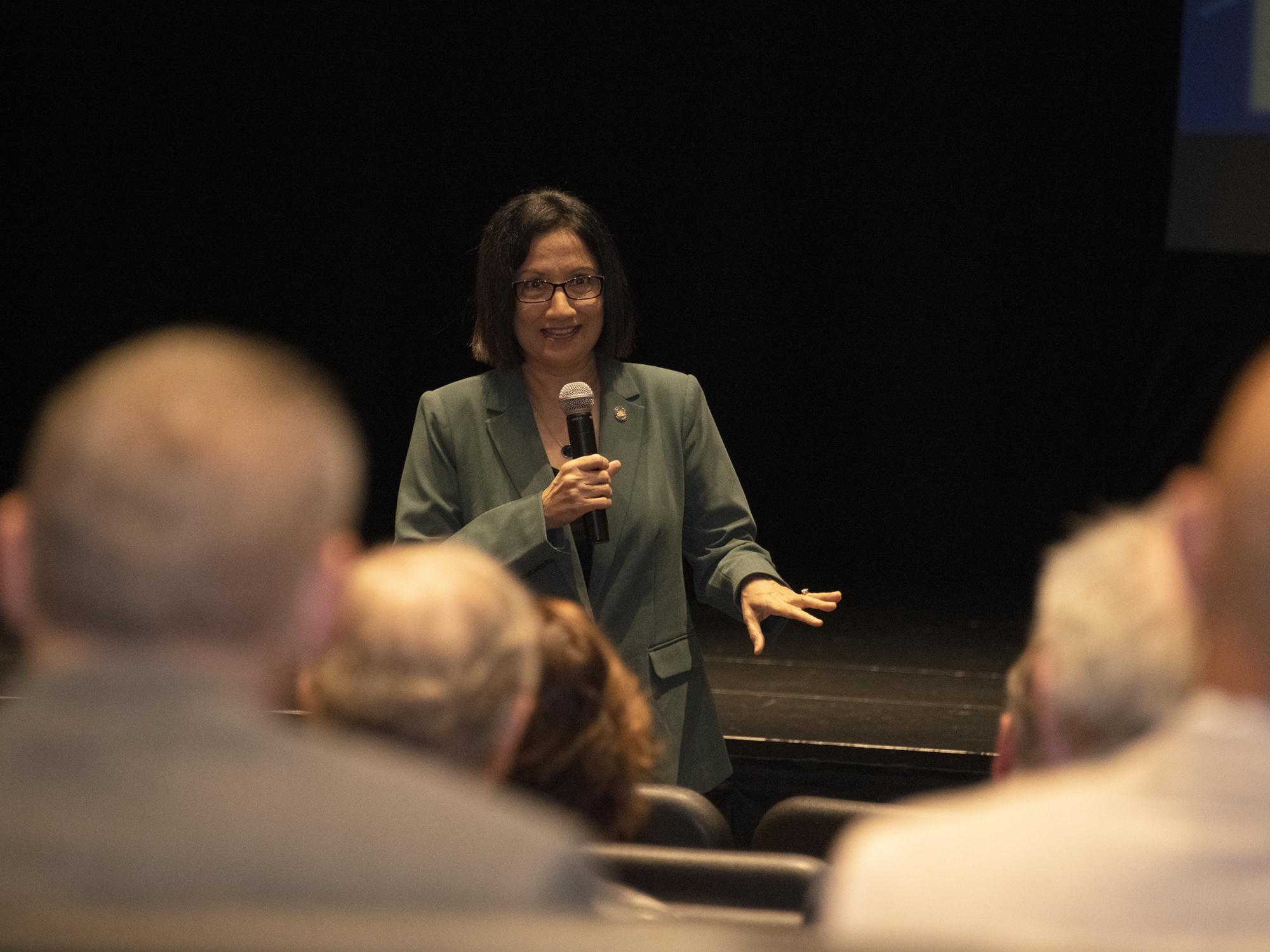 President Bendapudi speaks in a town hall event at Penn State Fayette