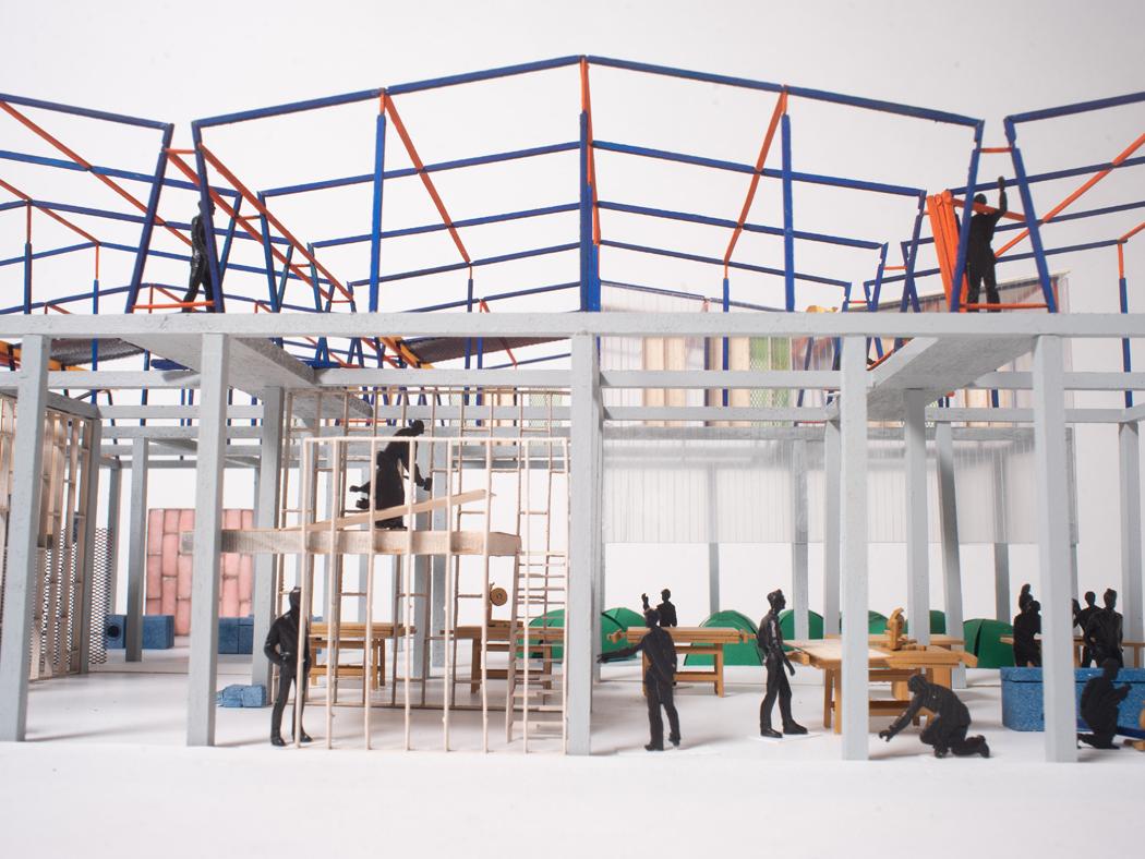 An architectural rendering of a building showing people working throughout.