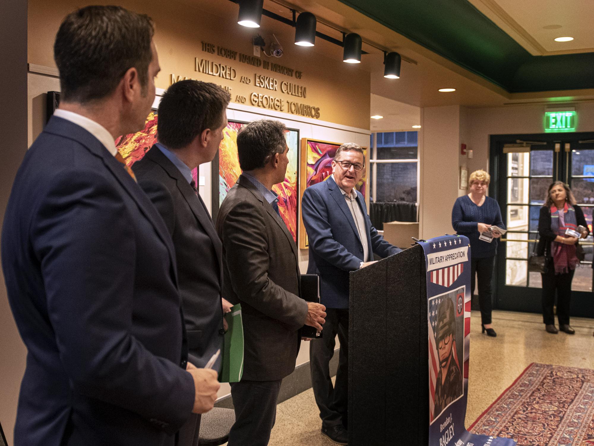 Eugene McFeely hosting Banner Unveiling