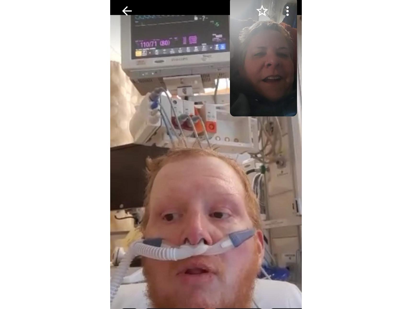 Screen shot of a Facetime call with Brian Germann and his wife, Mary, while he was recovering from COVID-19 at Penn State Health Holy Spirit Medical Center.