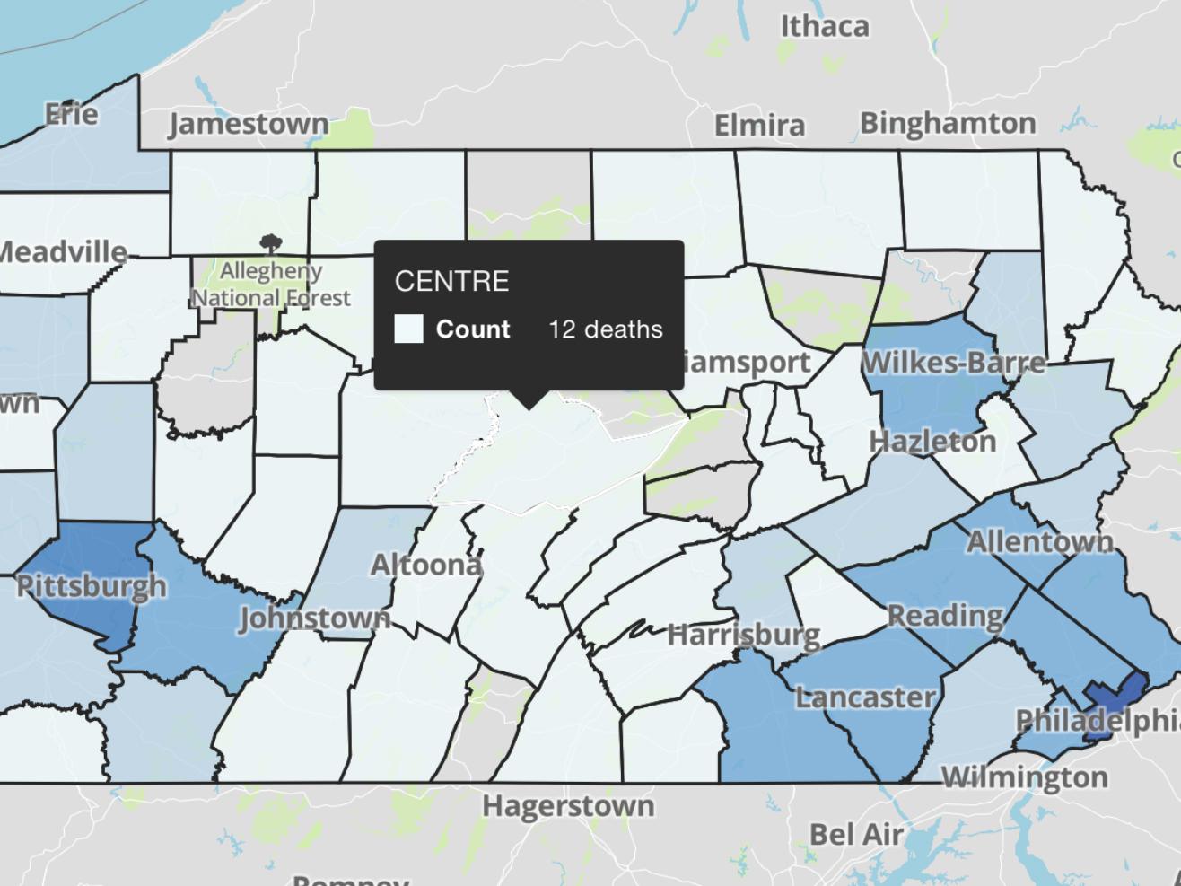Screenshot of interactive map showing PA overdose death statistics