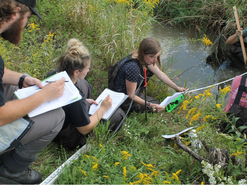 Professor Preisendanz (center) in the field with students collecting data for water quality assessment and equipment deployment 