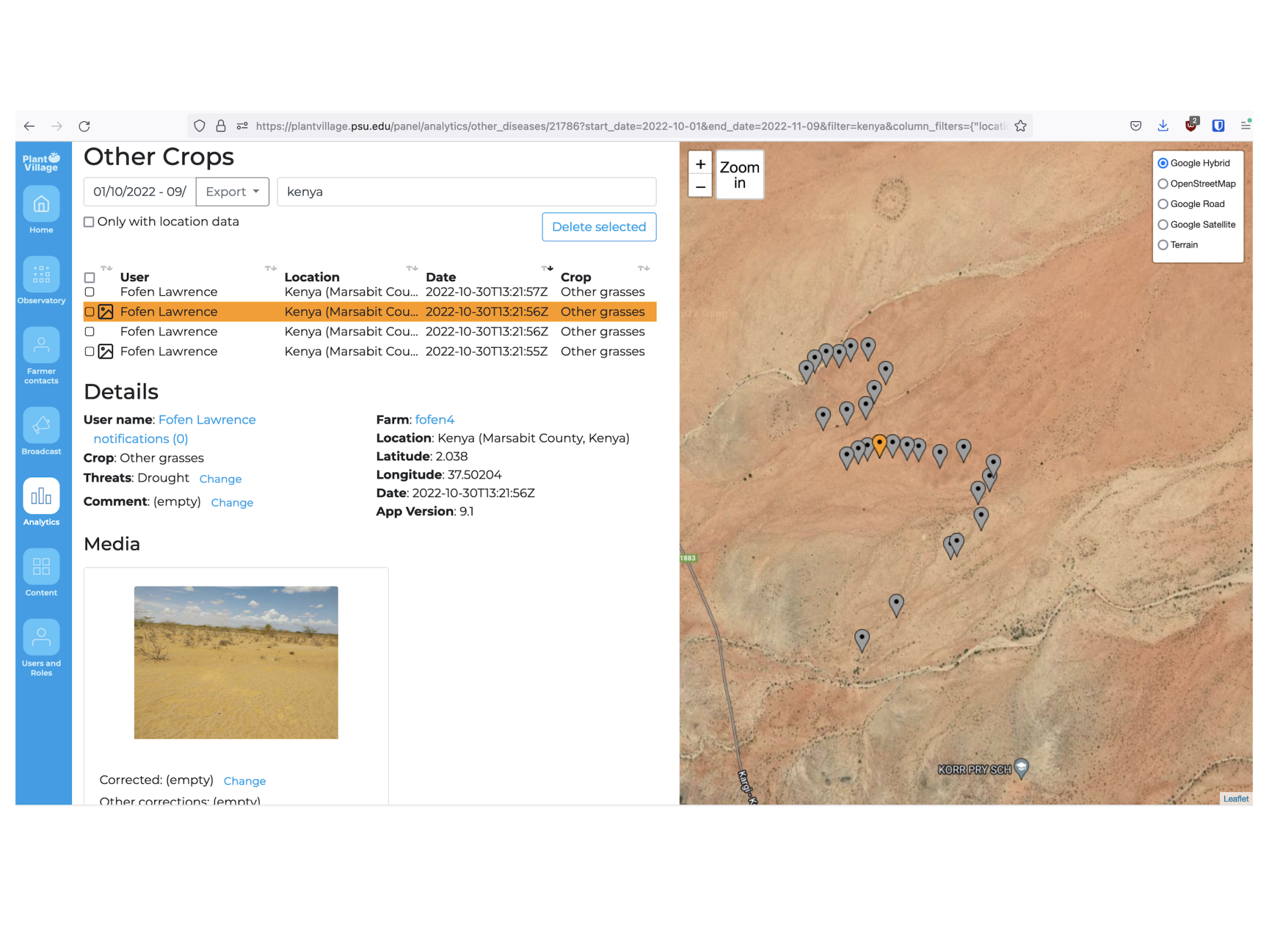 A map depicting the track of a local Moran, Fofen Lawrence, who is also a member of PlantVillage's Dream Team as he moves across the landscape around Kor, Marsabit County, Kenya. 