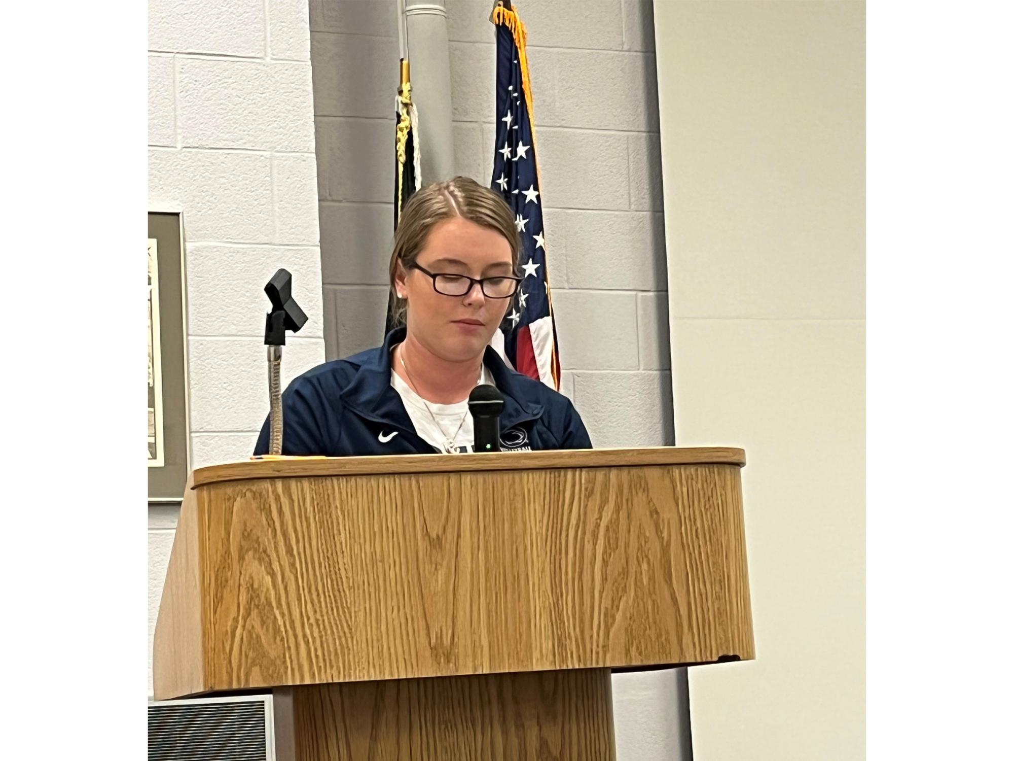 Kaierra Keck, a Penn State DuBois criminology student, shares the testimonial of an abuse victim during the victimology presentation in Hiller Auditorium.