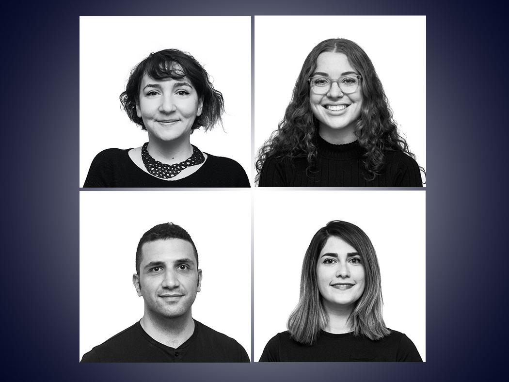 Four black and white headshots of (clockwise) Benay Gürsoy, Natalie Walter, Alale Mohseni, and Ali Ghazvinian. 