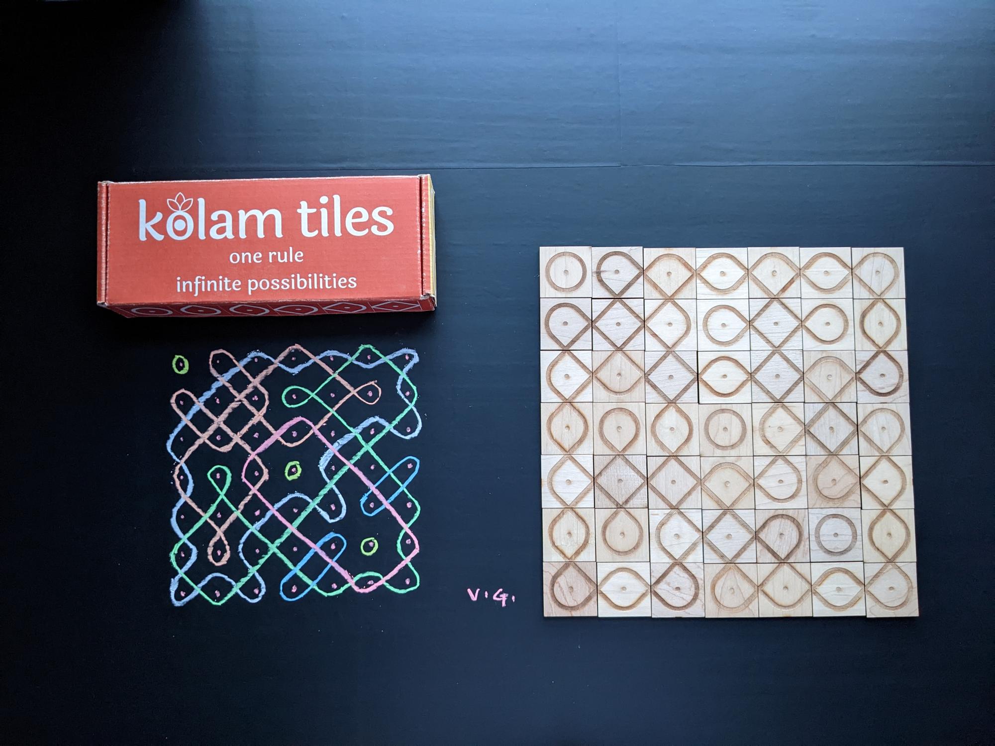 Kolam Tiles, available in maple-wood-cut and digital forms, is a simple game that produces nearly infinite patterns.