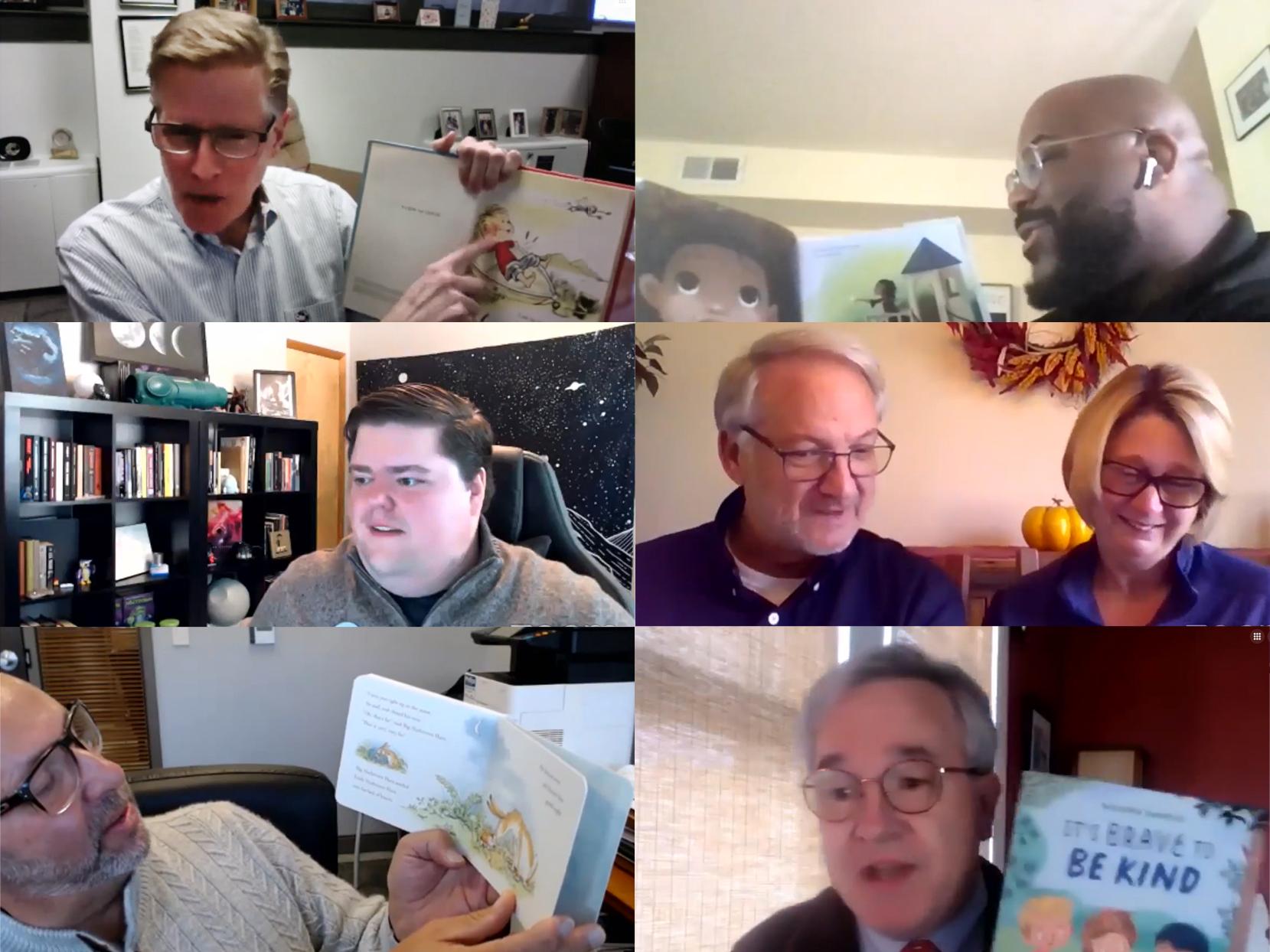 Collage of six photos of individuals reading books over Zoom.