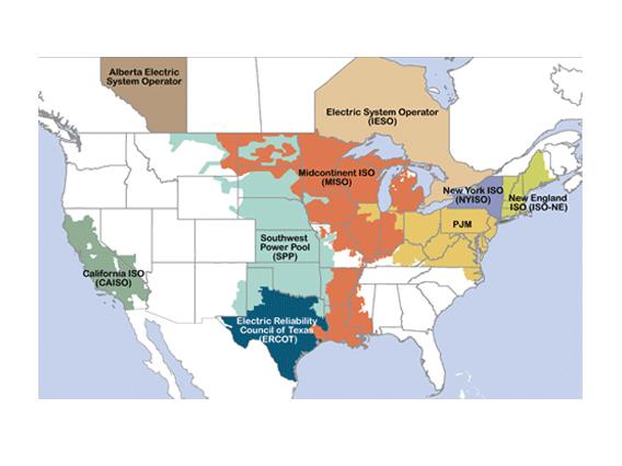 U.S. map of Regional Transmission Organizations, with different ones colored to distinguish them