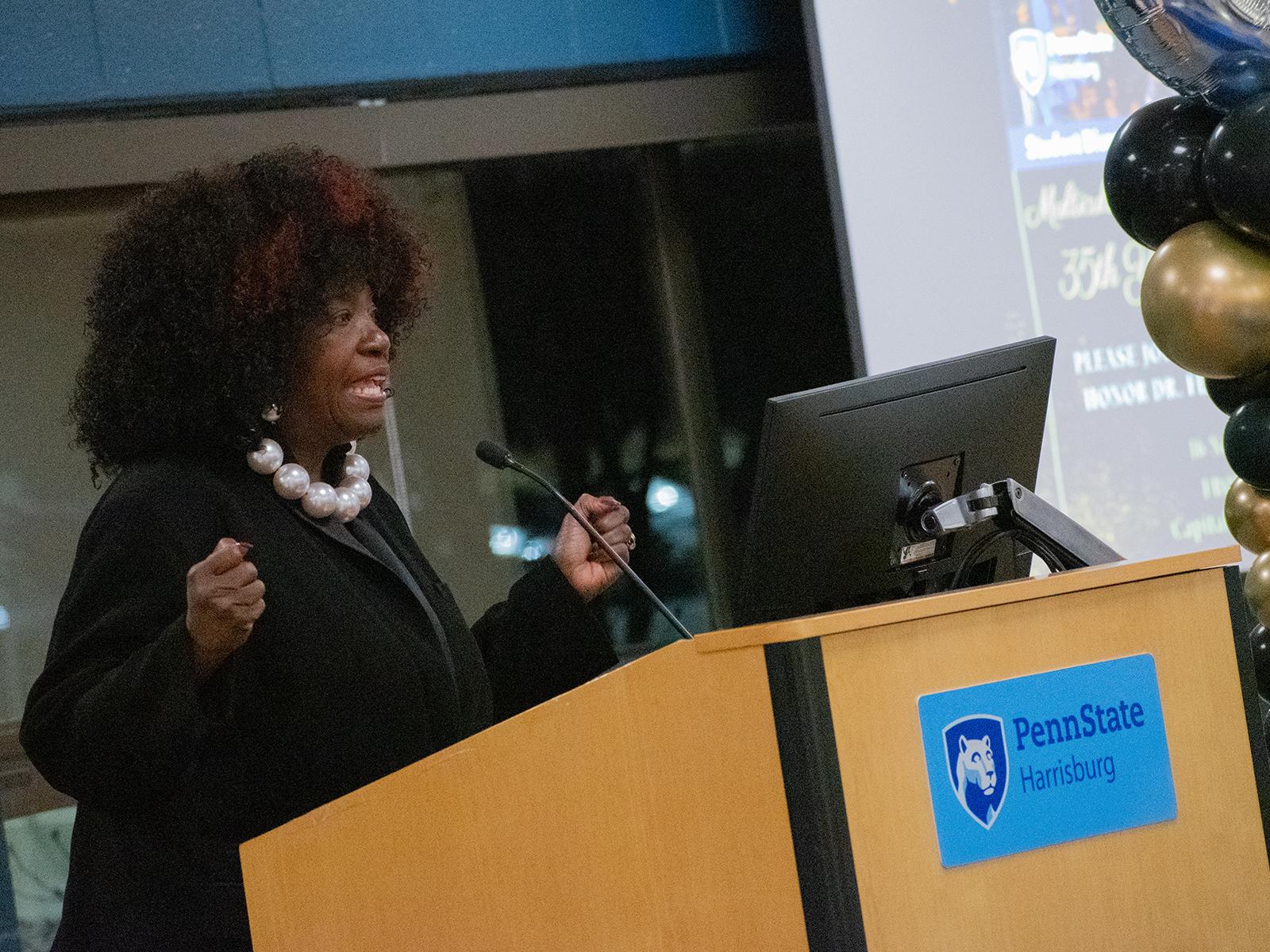 Felicia Brown-Haywood speaks during the anniversary celebration for the Multicultural Academic Excellence Program.