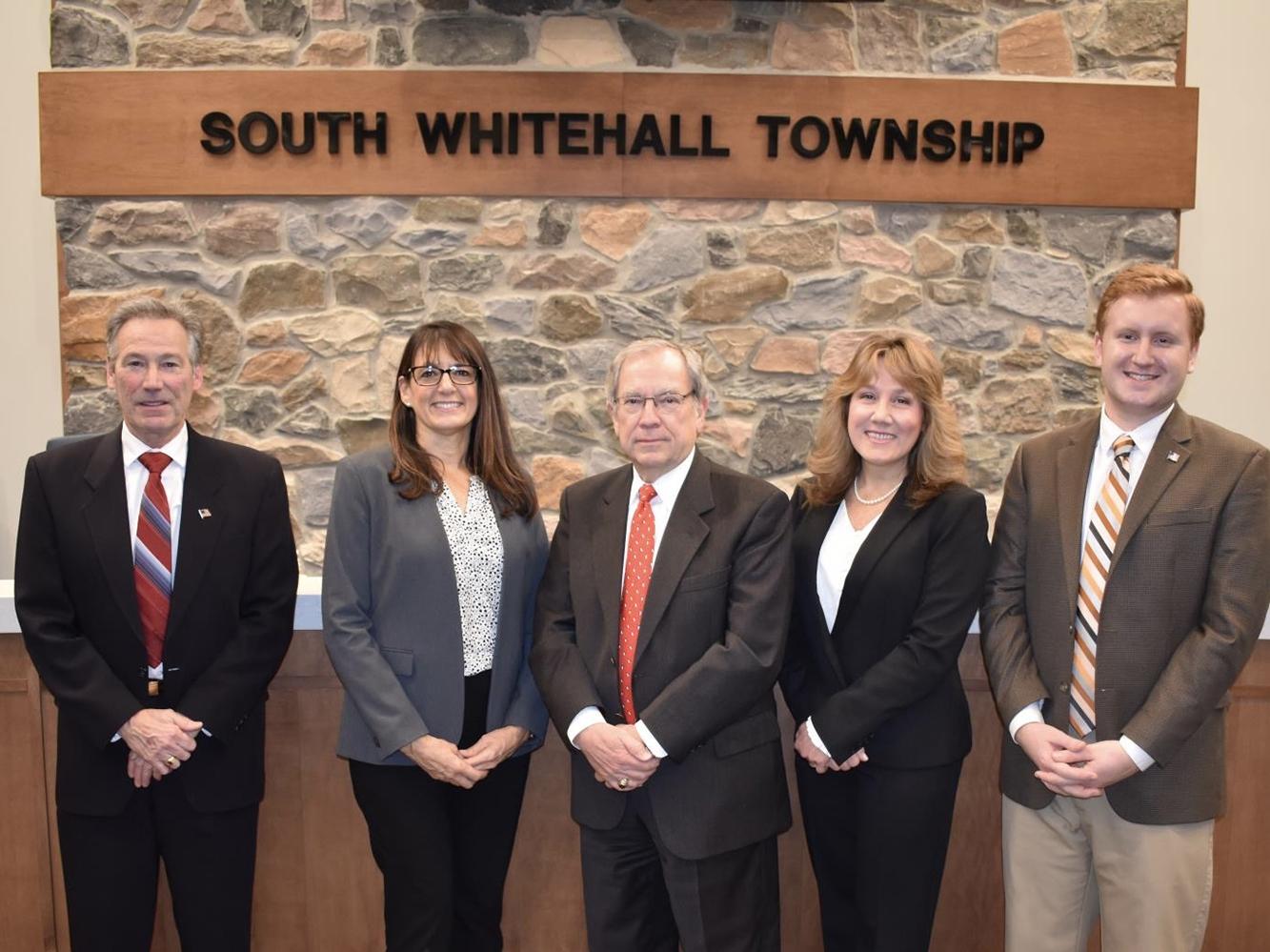 The current South Whitehall Township Board of Commissioners, from left to right: Brad Osborne, Diane Kelly, David M. Kennedy, Monica Hodges and Jacob Roth.