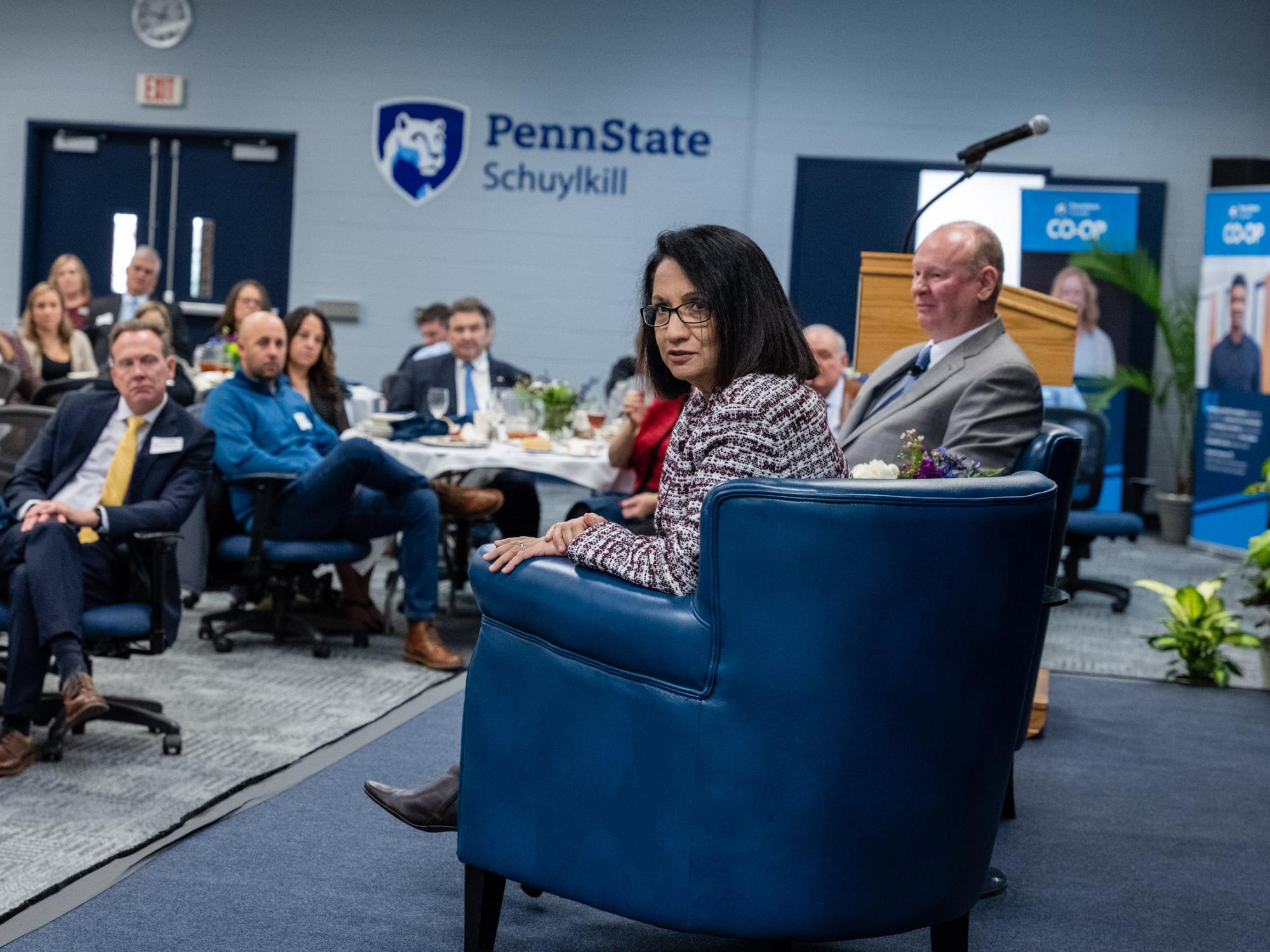 Bendapudi speaks in front of an audience at the Schuylkill Business Executive Forum
