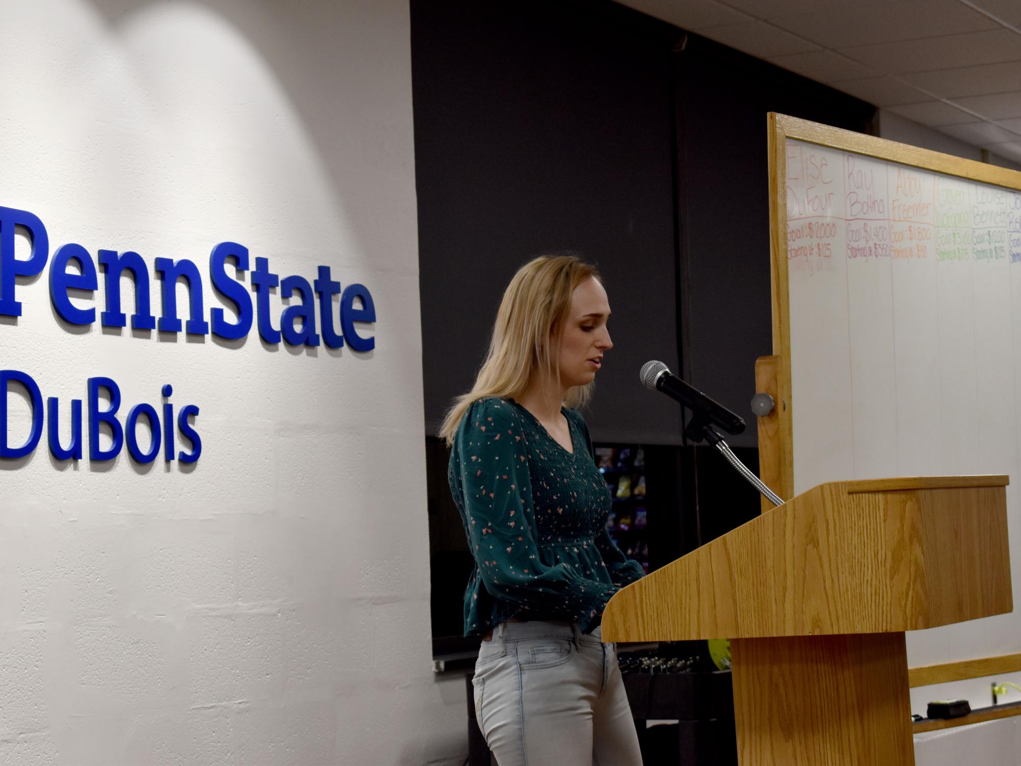 Haley Rummel, 2022 chair of the THON committee at Penn State DuBois, shares some thoughts to inspire everyone in attendance