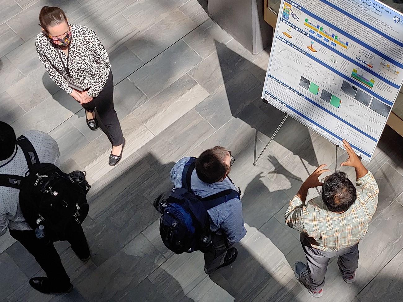 overhead view of students at a poster session 