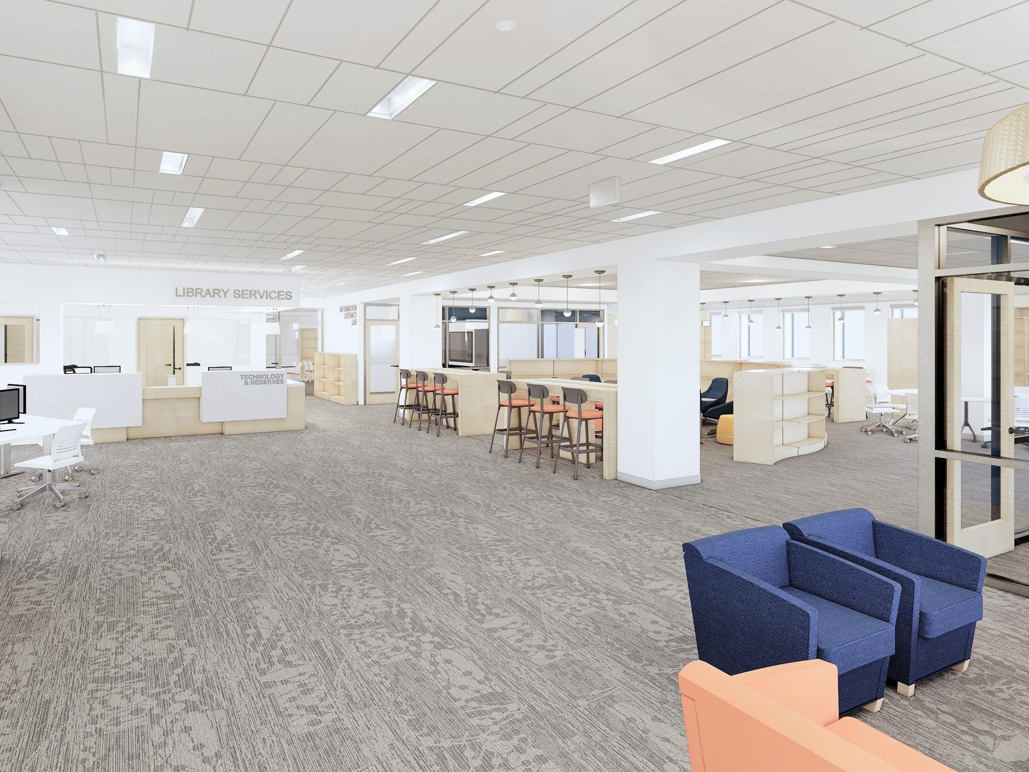 artist's rendering of main floor library space inside main entrance