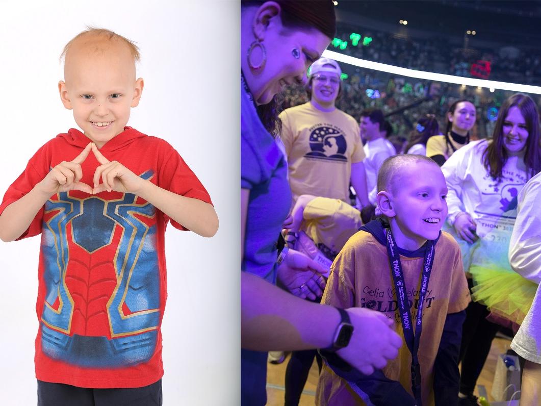 On the left, a little boy missing most of his hair flashes the Four Diamonds hand gesture, steepling his fingers in a diamond shape. On the right, the same little boy with slightly more hair dances in a big crowd.