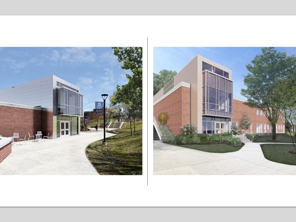 artist's rendering showing the new glass and red brick front and rear facades of the Library Building