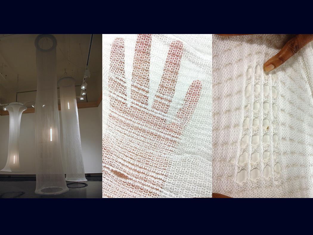 A split-screen image of textile structures hanging in an exhibit at left and a close-up image of the knitted textiles at right. 