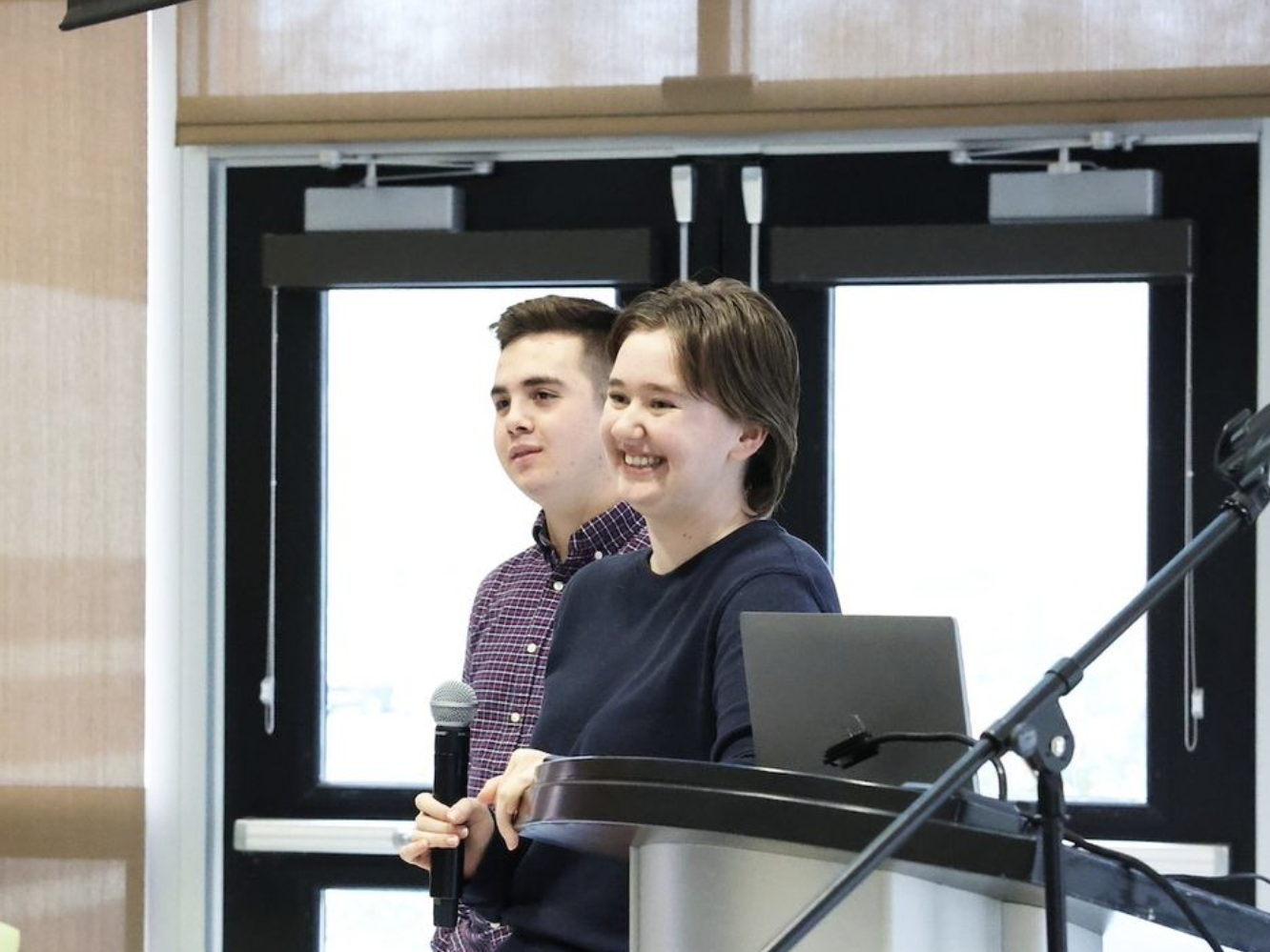 Cortez Catalano and Gracie Guerin speaking in the Tomezsko Lounge