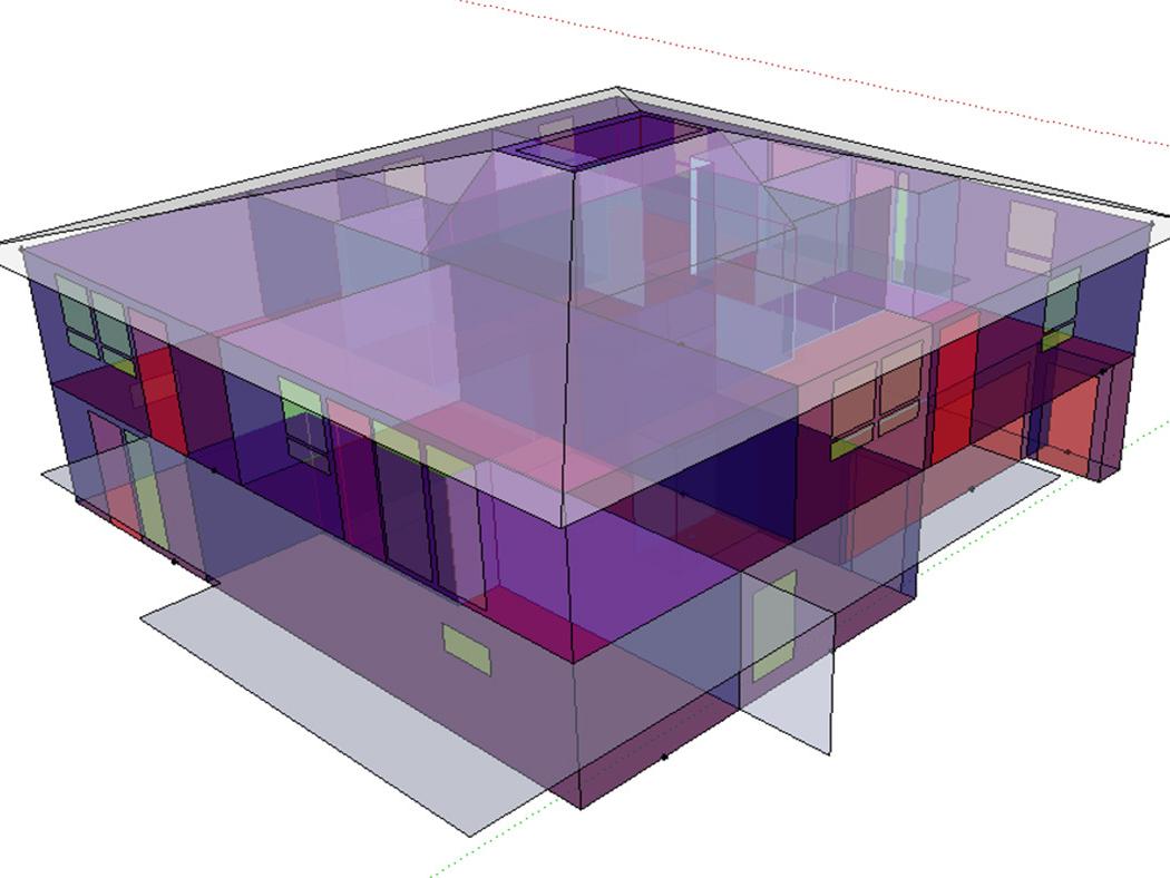 A rendering of a building floorplan with the walls and roof shades of purple and the interior doors and closets orange and red.
