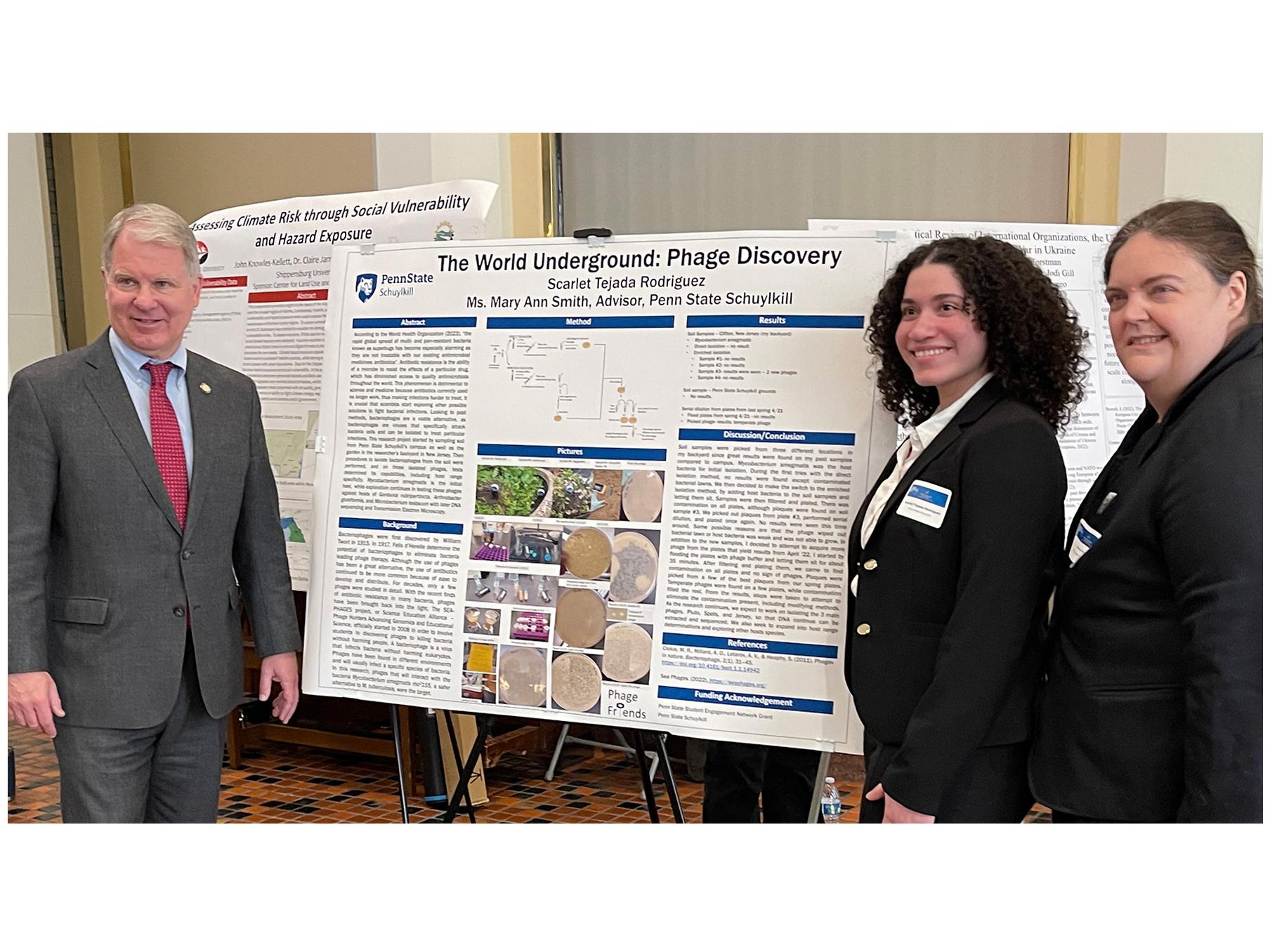 Pennsyvlania state senator David Argall pictured with student Scarlet Tejada Rodriguez and her faculty mentor Mary Ann Smith